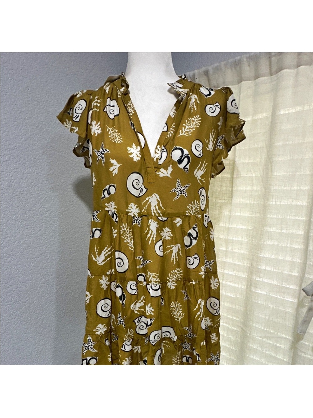Anthropologie Mustard Yellow Nautical Shell-Print Midi Dress - Picture 5 of 5